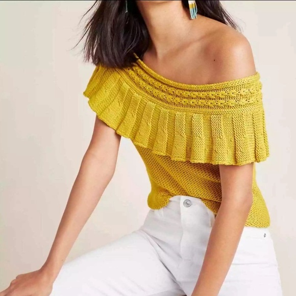 Anthropologie Off The Shoulder Ruffled Knit Cotton Sweater Mustard Crochet M - Picture 3 of 14